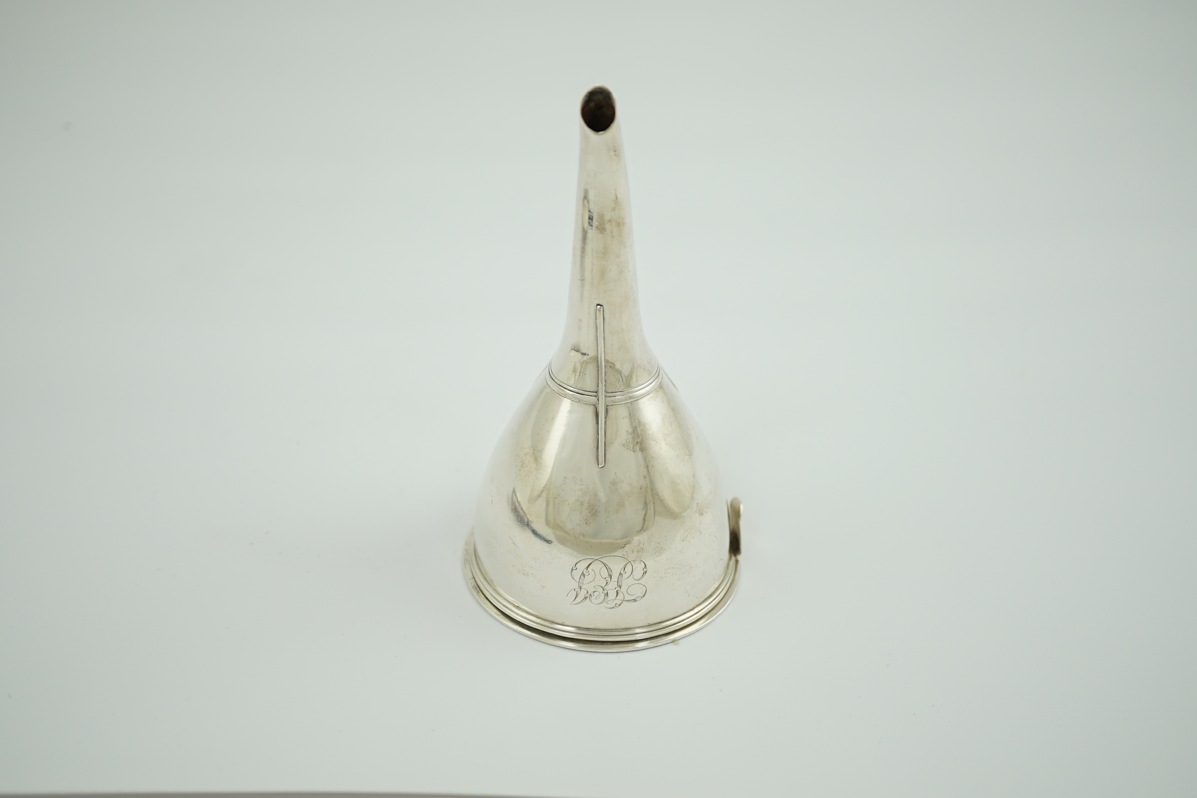 A George III silver wine funnel, with muslin ring, maker's mark rubbed